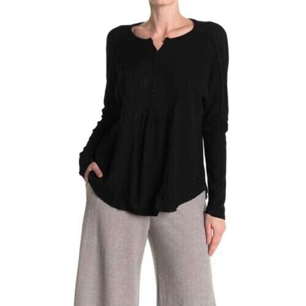 Gibsonlook Women's Mixed Ribbed‎ Waffle Knit Henley Top Black Small $50
